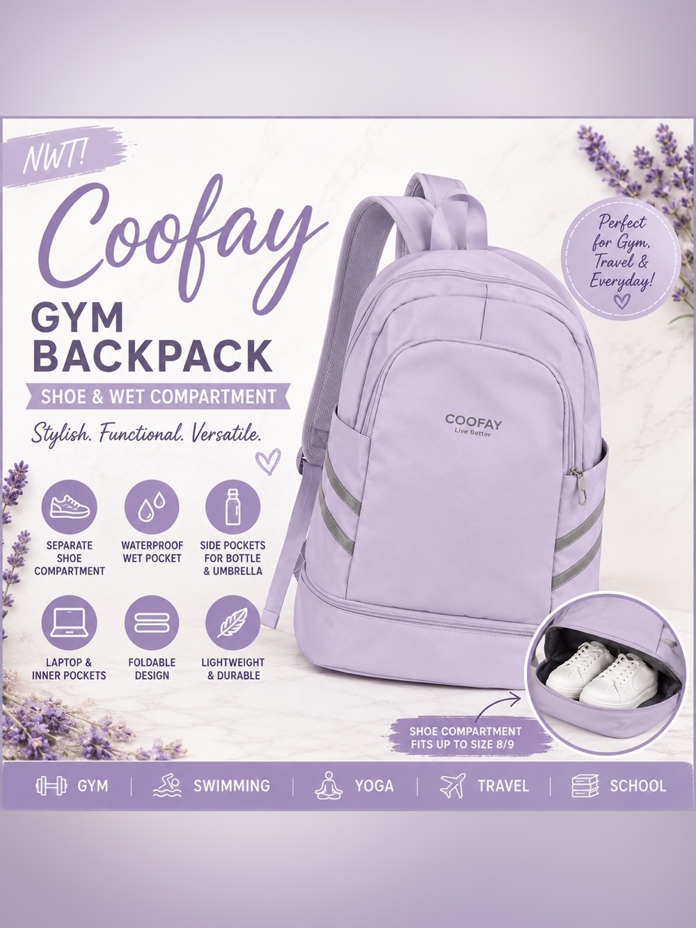 NWT Coofay Lavender Gym Backpack Shoe & Wet Compartment